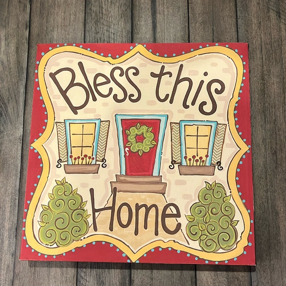 Glory Haus Bless This Home Wooden w Canvas Wall Hanger/Cabinet Display
